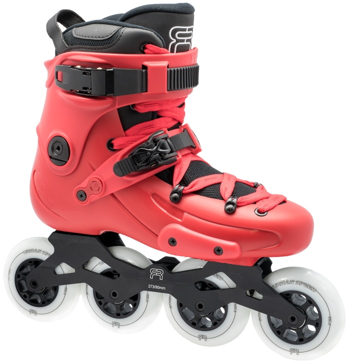 red FR1 90 inline skate for fitness and freeride with white 90 mm wheels and a 273 mm four wheel frame